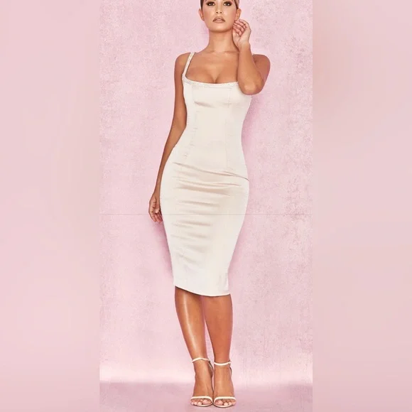 House of CB satin & crystal bodycon dress in champagne, ASO Cassie Euphoria Prom - Picture 3 of 11